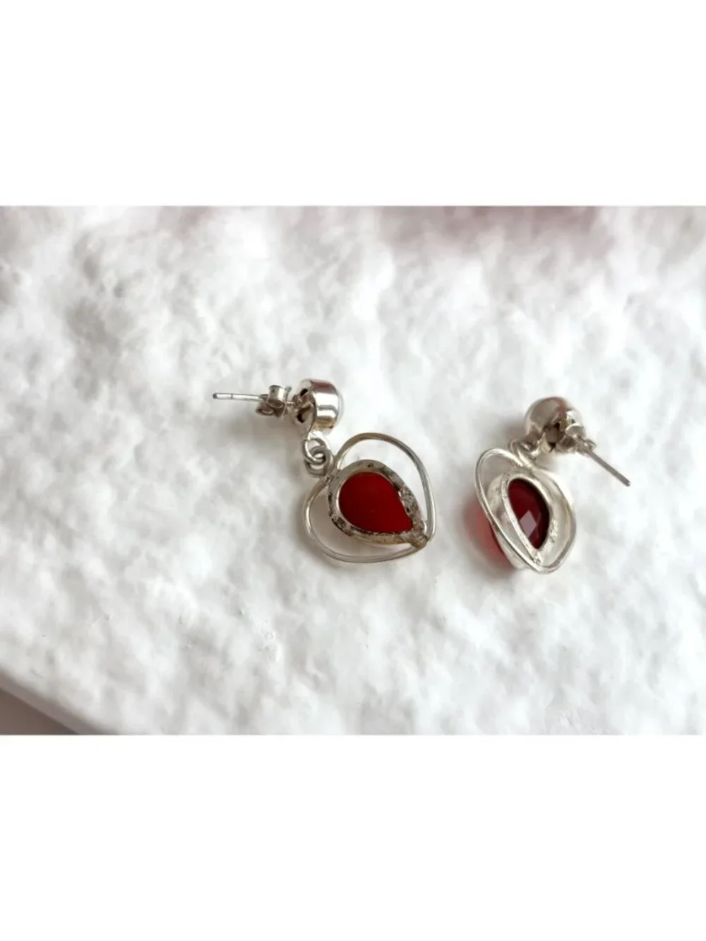 Ruby Corondum & Cultured Pearl Heart Shaped Vintage Sterling Silver 925 Earrings